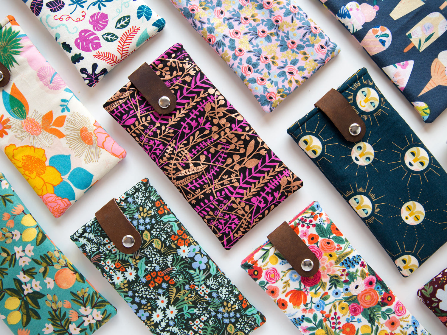 Glasses cases lined up on an angle