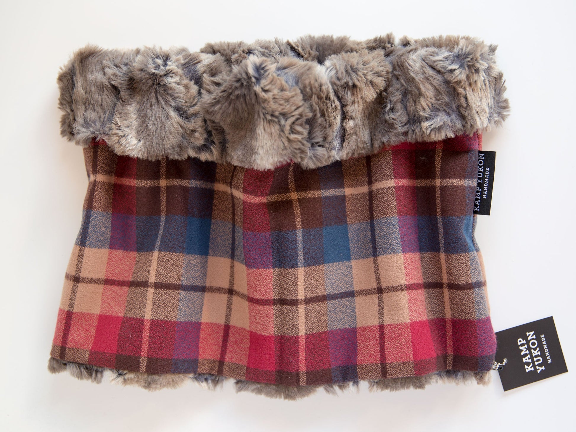 minky fur lined cowl scarf with a brown and blue plaid flannel