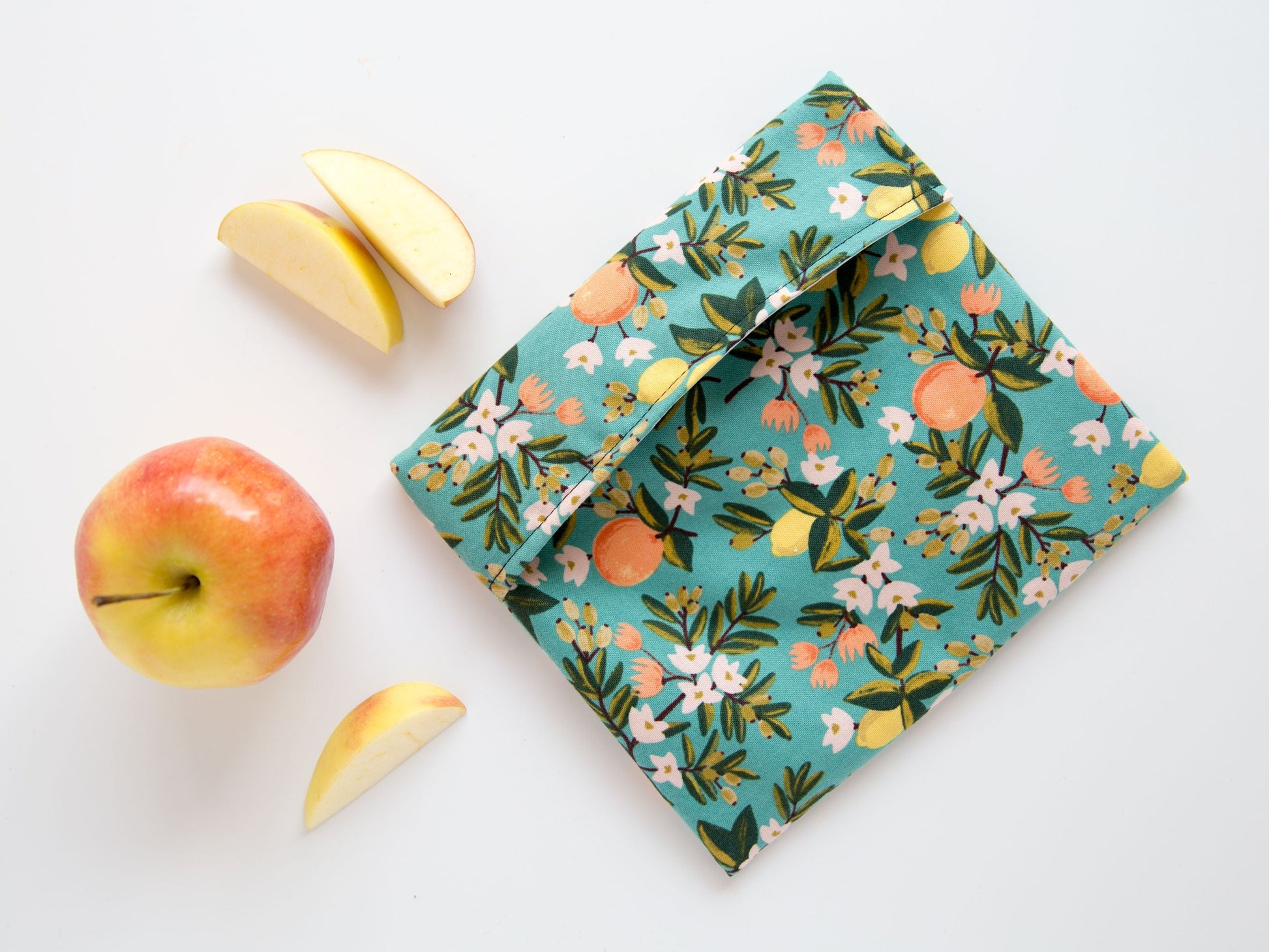 teal snack bag with oranges and lemons on it.