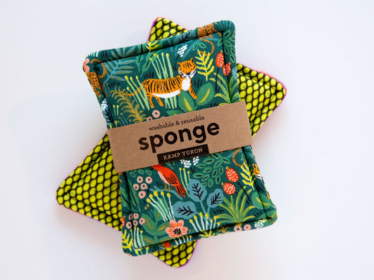 fabric sponge with a tiger and jungle plants. 