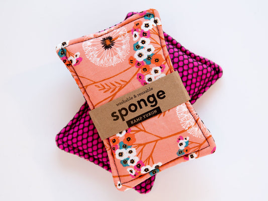 pink sponge with dandelions on it