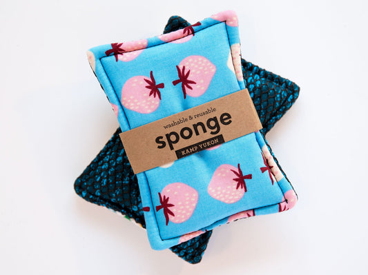 fabric sponge with blue strawberries on it