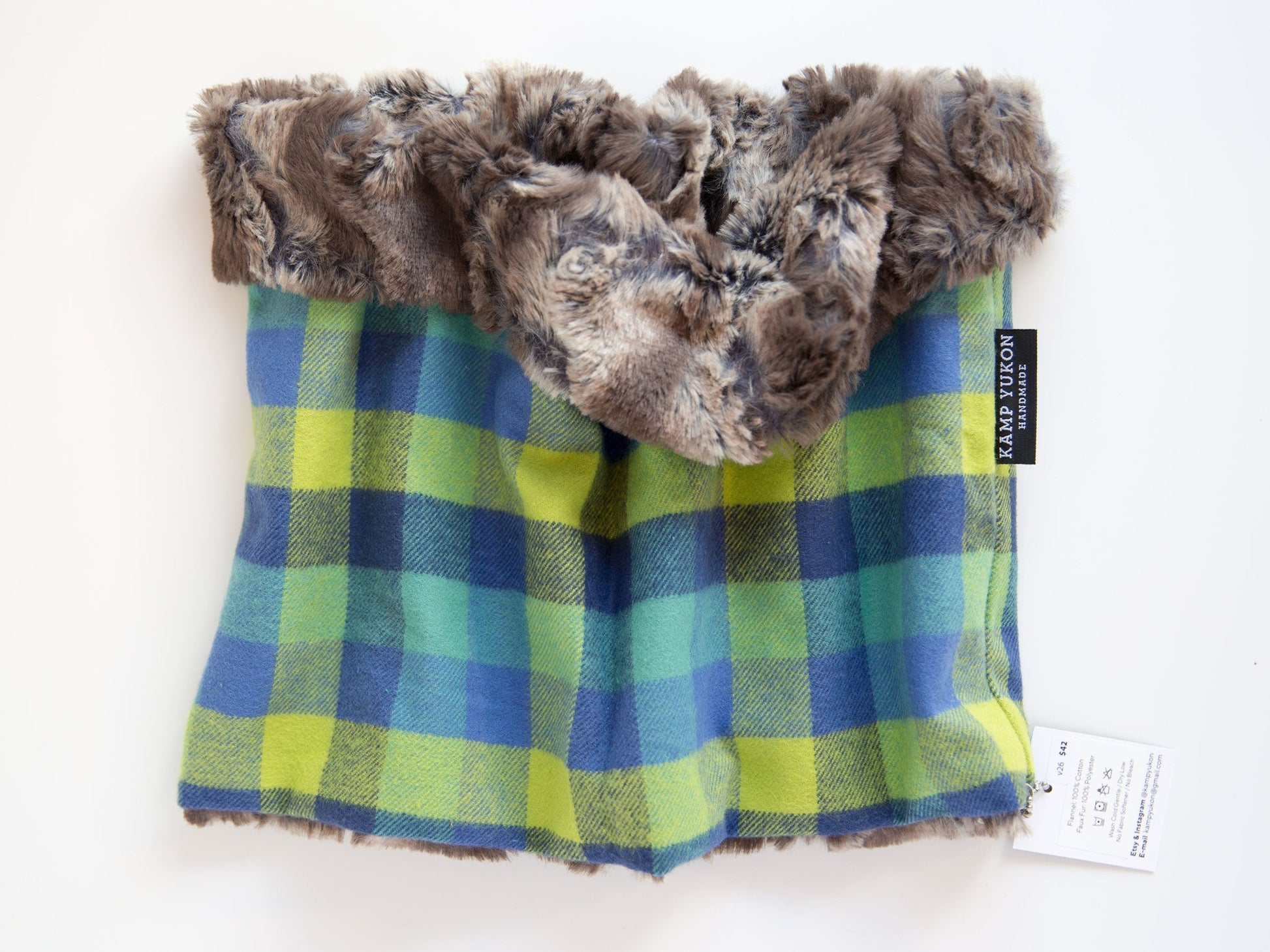 minky fur lined cowl scarf with a green and blue plaid flannel
