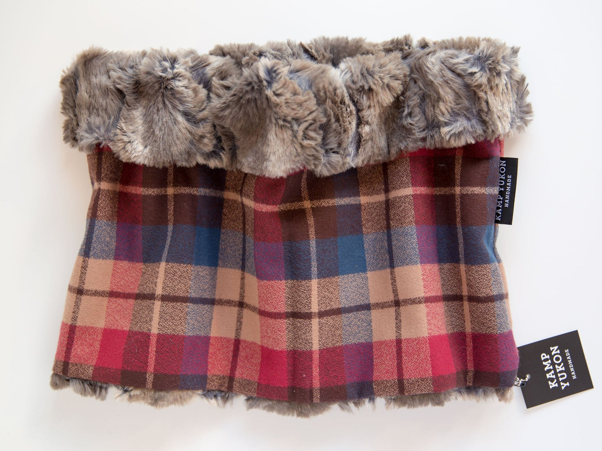 minky fur lined cowl scarf with a brown and blue plaid flannel