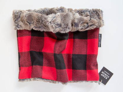 minky fur lined cowl scarf with a buffalo plaid flannel