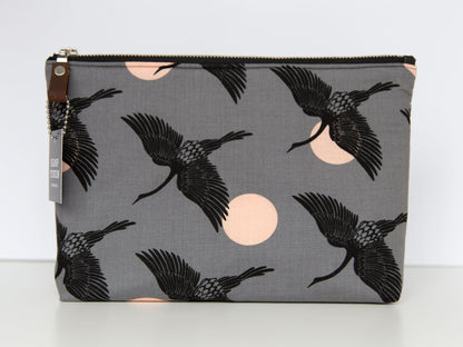 Large Pouch - Cranes - Grey