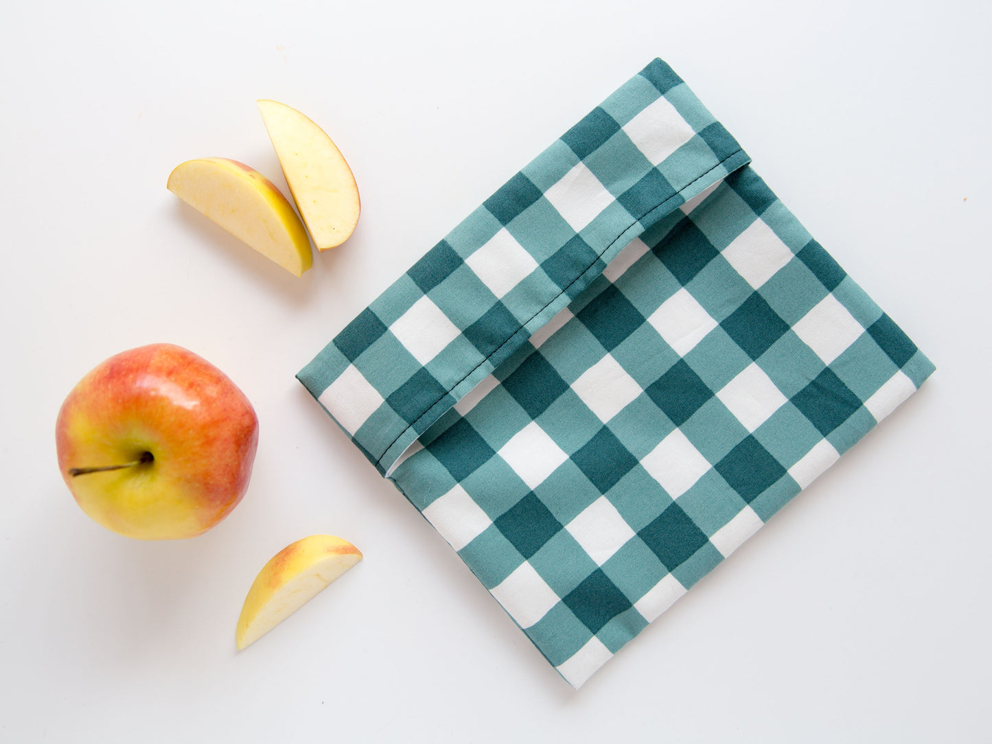 green and white plaid snack bag