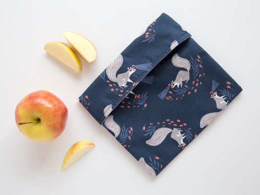 dark blue snack bag with camping squirrels on the fabric.